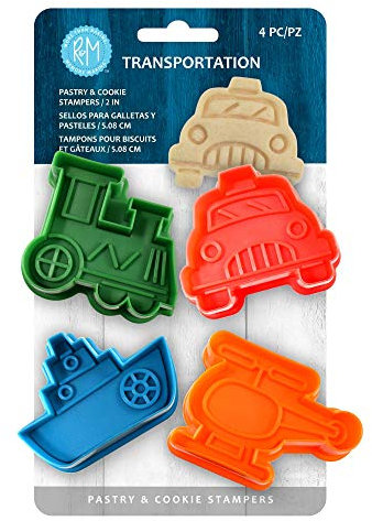 R&M Ausstechformen-Set mit Transportmotiven, 4-teiliges Set, verschiedene Farben, Zug, Boot, Hubschrauber, Auto Keksstempel
