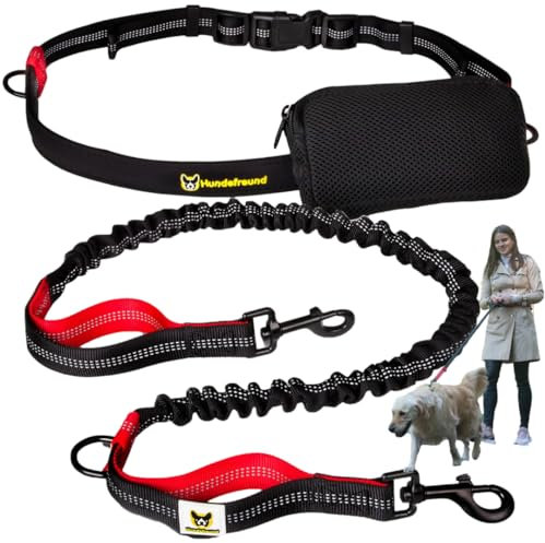 Joggingleine | Premium Hundeleine 120cm Bis 170cm | Elastisch Reflektierend Reißfest Gepolsterter Bauchgurt mit Beutel | Freihändig Laufen Spazieren Wandern