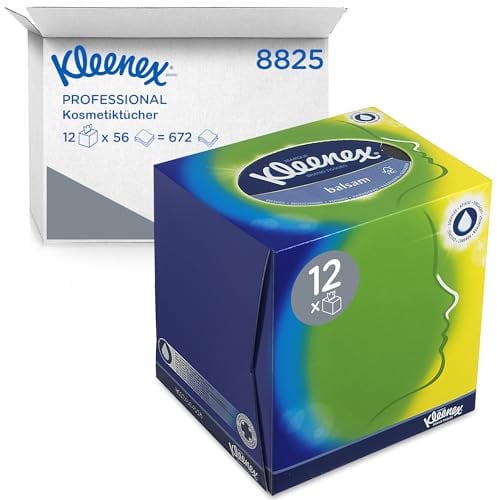 Kleenex Kosmetiktücher in Taschentücher Box 8825, 3-lagige weiße Kosmetiktücher, mit FSC- und EU Ecolabel-zertifiziertem Papier, robuste und saugfähige Papiertaschentücher, 12 x 56 (insg. 672 Tücher)