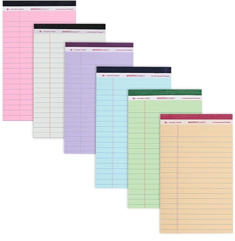 ROARING SPRING Enviroshades Assorted Colored Small Legal Pads, 6 Pack, Legal Ruled Recycled Mini Writing Note Pads, 5 x 8, 50 Sheets, Perforated Memo Pad For School & Office, Made in USA