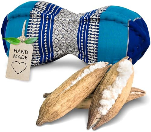 livasia Nackenstützkissen Papayakissen - Ø 13x43cm - Nackenkissen Papayaform, Sofakissen, Lesekissen mit Kapok, Kissen für Garten und Balkon, Reisekissen handgefertigt (Blau)