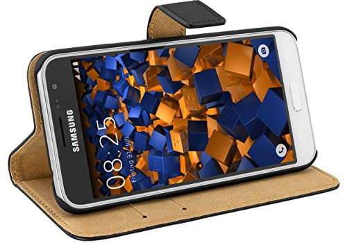 mumbi Echt Leder Bookstyle Case kompatibel mit Samsung Galaxy J3 2016 Hülle Leder Tasche Case Wallet, schwarz