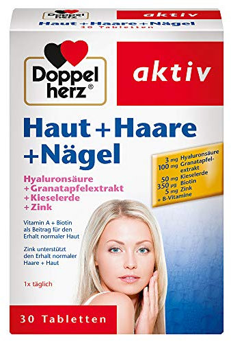Doppelherz Haut + Haare + Nägel – Nahrungsergänzungsmittel mit Zink zum Erhalt normaler Haut – Plus Hyaluron & Kieselerde – 1 x 30 Tabletten