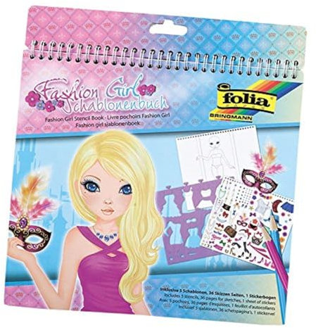 folia 41204 - Schablonenbuch Fashion Girl, Block mit 36 Malvorlagen, 5 Schablonen und 1 Stickerbögen - ideal für Mädchen