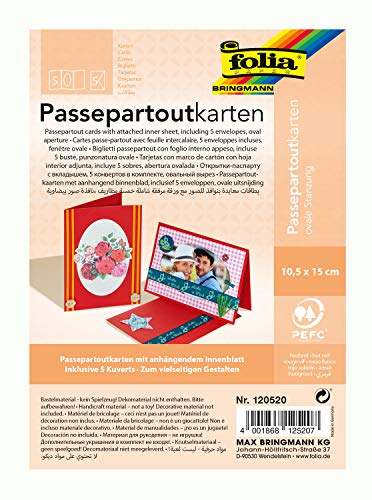 folia 120520 - Passepartouts mit ovaler Stanzung, ca. 10,5 x 15 cm, 5 Karten (220 g/qm) und Kuverts, hochrot - ideal für Einladungen, Glückwunsch- oder Grußkarten