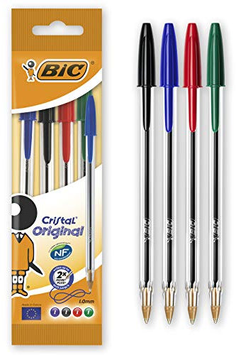 BIC Kugelschreiber Cristal Original (Strichstärke: 0,32 mm und Kugeldurchmesser: 1,0 mm) Beutel à 4 Stück, sortiert