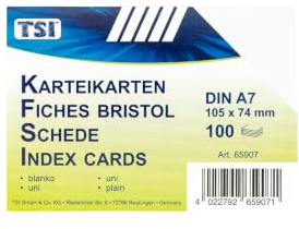 TSI Karteikarten weiß, 100er Packung, blanko, Größe: DIN A7 (105 x 74 mm), Art. Nr. 65907