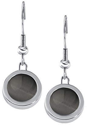 Quiges Silber Edelstahl Ohrringe 12mm Mini Coin Tropfen Ohrhänger und Graue Katzenauge Stein