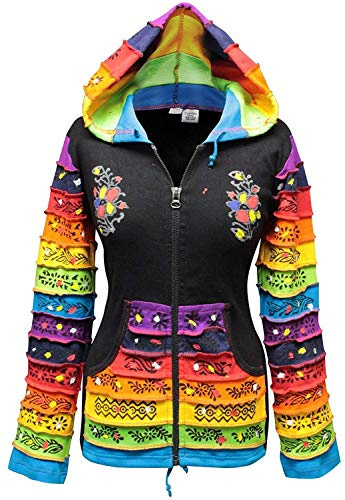 Shopoholic Mode Damen Patchwork Pixie Kapuze Rainbow Muster Jacke,Hippy