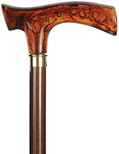 Gehstock Amber Bernstein, Fritzgriff, kirschbaumfarbener Stock aus Buchenholz, Messing-Designring, Gummipuffer, belastbar bis 130 Kg