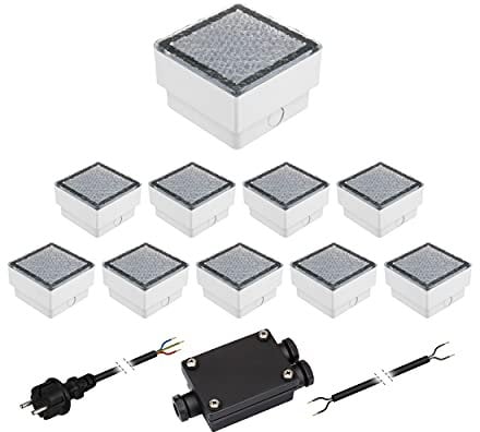 ledscom.de 10er-Set LED Pflasterstein CUS Bodenleuchte für außen, blau, IP67, 230V, 10x10cm