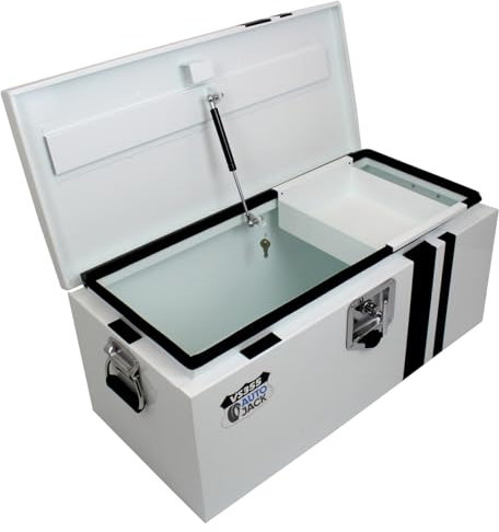 Autojack Van Storage Safe Heavy Duty Metal Steel Site Tool Chest Security Vault 355mm Key Lock with Carry Handles & Gas Struts White