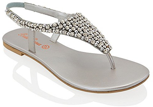 Ladies Flat Diamante Toe Post Womens Pearl Holiday Dressy Party Sandals Size 3-8 (UK 9 / EU 42, Silver)