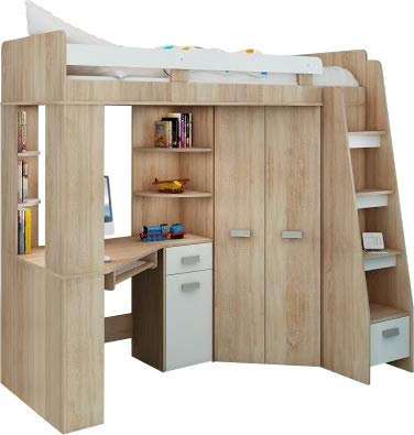 Hochbett mit Schreibtisch, Schrank und Regalen - Platzsparendes Jugendbett - Komplettes Möbelset (120x204 cm) - Kinderbett 80x200 cm mit Stauraum - Treppe Rechten Seite (Eiche Sonoma/Weiß)