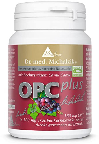 OPC Plus enligt Dr. med. Michalzik - 72 veganskapslar - 300 mg extrakt från Vitis vinifera - 160 mg OPC 50 mg rent CamuCamu-extrakt (C-vitamin) per kapsel - utan tillsatser - från BIOTIKON®