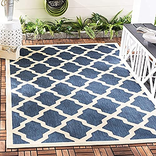 SAFAVIEH Washable Rug Outdoor Courtyard Collection - 5'3 Square, Navy & Beige, Non-Shedding & Easy Cleaning, Ideal for Patio, Backyard, Mudroom (CY6903-268)