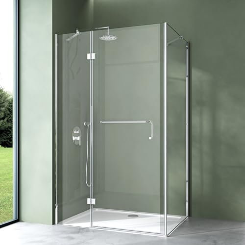 Mai & Mai cabine de douche en angle 90x140cm avec une porte paroi de douche avec bac à douche verre transparent de 6mm avec revêtement nano easy clean Rav04K