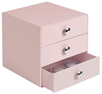 iDesign rangement maquillage à 3 tiroirs, boîte de rangement compacte en plastique pour produits de beauté, ou cosmétiques, boîte à bijoux carrée, rose
