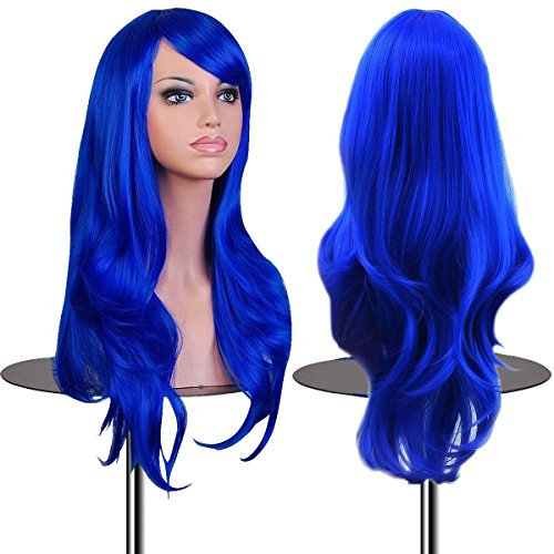 EmaxDesign 70cm qualitativ hochwertige Cosplay Perücke Für Frauen Lang Voll, Lockig Wllig Heiz resistent Fashion Glamourös Haarteil mit kostenlosen Perücke Kappe & Perücke Kamm (Farbe: Dunkelblau)