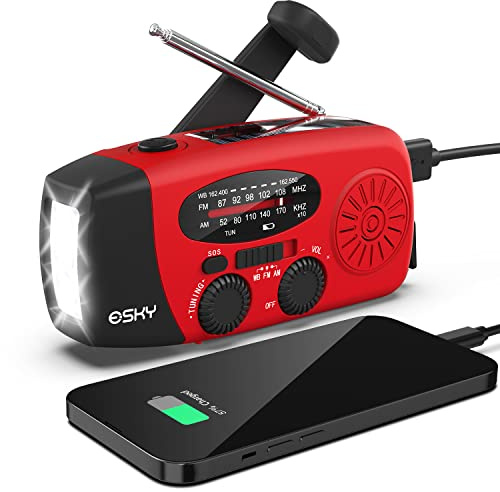 Esky Emergency Hand Crank Radio 7400mWh with 3 LED Flashlight, AM/FM/NOAA Portable Weather Radio with Rechargeable 2000mAh Battery, Solar Powered Radio for Indoor Outdoor Survival Camping, SOS Alarm