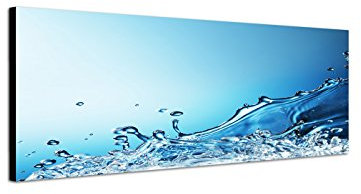 Wandbild auf Leinwand ( Leinwandbild ) als Panorama in 120x40 cm Wassertropfen spritzendes Wasser bei blauem Hintergrund Leinwandbild blau