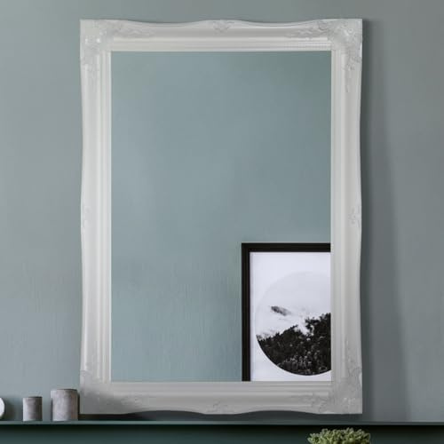 Extra Large Shabby Chic Antique Style Rectangular Wall Mirror, Matt White, 77 x 107 cm