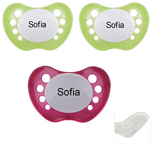 Babysutten Nip Schnuller-mit-Namen, 2 pearly green + 1 pearly magenta (3er Pack), Silikon, Anatomisch, Gr. 1.