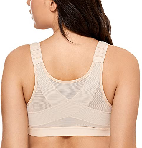Delimira Women's Front Fastening Bras Non Wired Posture Correcting Back Support Post Surgery Bra Plus Size Comfort Taupe Tan 38D