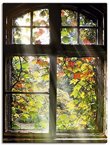 ARTLAND Wanddeko Leinwand Bilder Wandbild 60x80 cm Fensterblick Fenster Herbst Natur Landschaft Altbau Sonne Baum T5XH