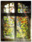 ARTLAND Wanddeko Leinwand Bilder Wandbild 60x80 cm Fensterblick Fenster Herbst Natur Landschaft Altbau Sonne Baum T5XH