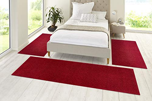 Hanse Home Pure Teppich Bettumrandung 3-teilig – Bettvorleger Bettläufer Teppichläufer Kurzflor Einfarbig Unifarben Läufer-Set für Kinderzimmer Schlafzimmer, Rot, 2X 70x140cm 1x 70x240cm