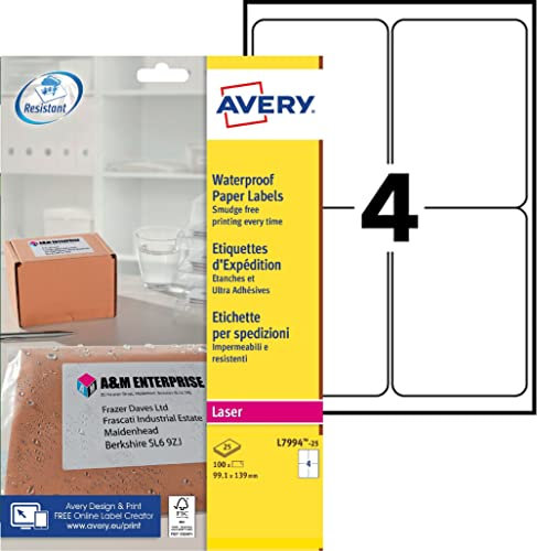 Avery L7994-25 Wetterfeste Versandetiketten (4 Stück pro Blatt, 99,1 x 139 mm) 100 Etiketten