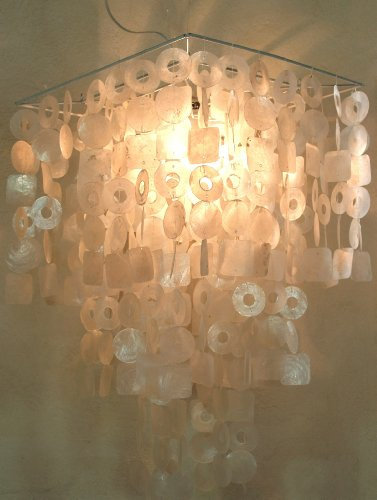 GURU SHOP Deckenlampe/Deckenleuchte, Muschelleuchte aus Hunderten Capiz, Perlmutt Plättchen - Modell Sixty Weiß, 70x40x40 cm