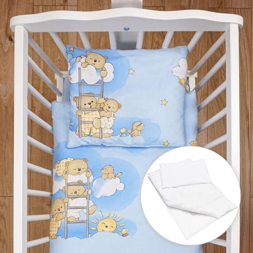 4 Piece Duvet Pillow Duvet Cover Pillowcase Baby 80x70 cm Bedding Set for Crib Bedside Crib or Travel Cot (Ladders Blue)