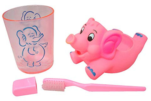 Juego Vaso Y Cepillo Dientes Infantil Goma Dura Elefante Rosa