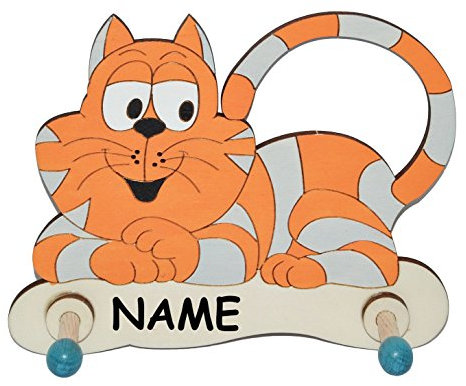 Garderobenhaken - Katze incl. Name - aus Holz - für Kinder mit 2 Haken - Kinderzimmer Garderobenleiste Garderobe Kleiderhaken/Kindergarderobe Wandhaken Wand..