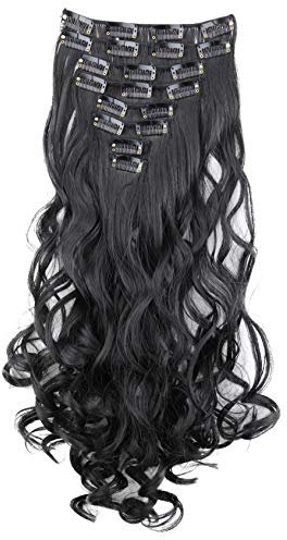 CAISHA XXL 35 cm 8 Pièces Jeu Clip In Extensions Extensions De Cheveux Postiche Volumineux Ondulé Noir CES100-1