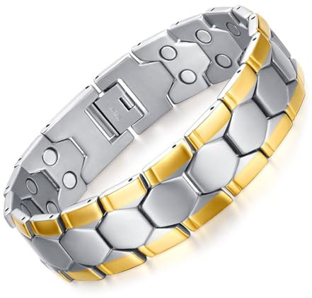 Braccialetti magnetici JFUME per uomo, placcati in oro 18K con doppia fila di magneti in argento e strumento di rimozione del collegamento, regolabili fino a 21,5 cm