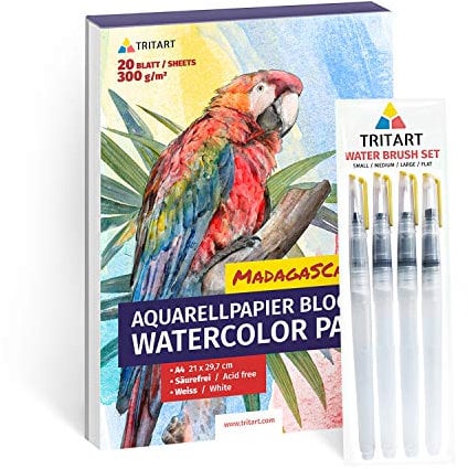 Tritart Set de pinceaux à Eau Professionnels avec réservoir pour Aquarelle/4 pinceaux de réservoir + Papier Aquarelle A4 de Haute qualité