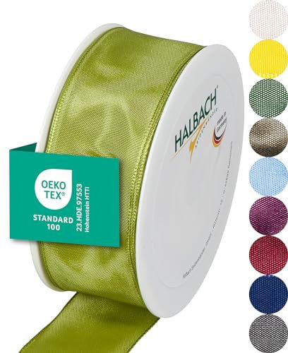 Halbach Seidenbänder Premium Geschenkband mit Drahtkante | Breite 40mm Länge 25m | Öko-Tex 100 zertifiziertes Schleifenband | Taftband Made in Germany, Farbe: grün