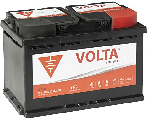 Bateria de Coche 75Ah 640A - Volta Basic B750D - Borne +Dcha - Medidas Largo 278 x Ancho 175 x Alto 190 mm con 2 años de Garantía - Fabricación Europea.