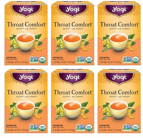 Yogi Tea - Throat Comfort (6 Pack) - Soothes the Throat with Wild Cherry Bark, Licorice Root, Mullein, and Ginger - Caffeine Free - 96 Organic Herbal Tea Bags