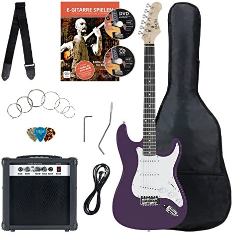 Rocktile Banger's Pack Set Chitarra Elettrica Viola - Kit Completo per Chitarre Elttriche con Amplificatore 25W, Custodia Morbida, Cavo, Tracolla, Tremolo, Plettri - Purple Highgloss