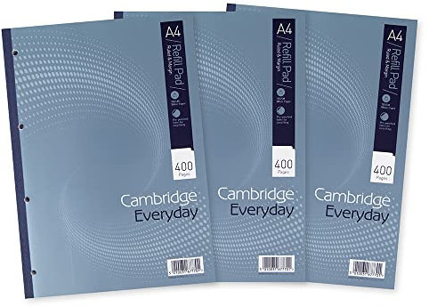 Cambridge - Fogli di carta a righe, formato A4, a righe e margini, 400 pagine, confezione da 3, Blu