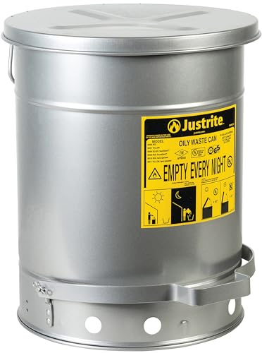 Justrite SoundGuard Steel Oily Waste Bin mit fußbetätigtem Deckel, 38 L, Silber | Geräuschreduziert, Volumen 34 l