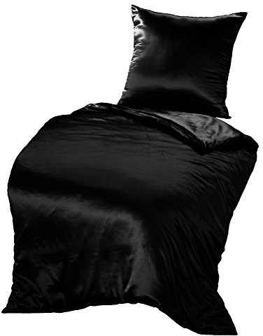 THXSILK Seidenbettwäsche Set 2 teilig, Bettbezug 155x 220 cm und 80 x 80 cm Kissenbezug, Hypoallergen 19 Momme Maulbeerseide Bettwäsche, Ultra Weich und Glatt, Schwarz