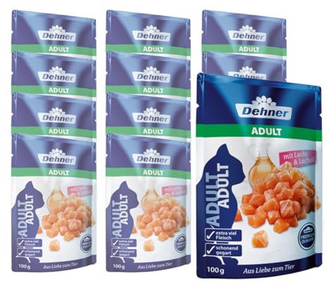 Dehner Premium Katzenfutter, Nassfutter gereidefrei, für ausgewachsene Katzen, Lachs, 12 x 100 g Beutel (1.2 kg)