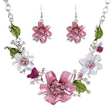 YAZILIND Vintage tibetain Feuille Argent Violet Direction Oreilles Cristal Collier volumineux Bib Bijoux (Rose)