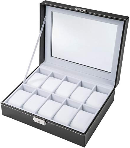 tectake® Uhrenbox Uhrenkasten Kunstleder - Diverse Farben - (Schwarz/Weiß 10 Uhren | Nr. 401536)