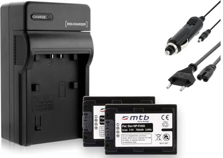 2 Batteries + Chargeur (Auto/Secteur) Compatible avec Sony NP-FH50/FP-50 / DSC-HX1, HX100V, HX200V / Alpha... - v. liste!